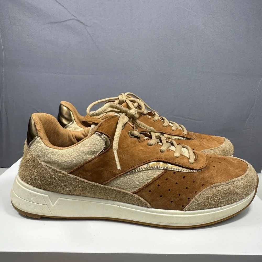 Vionic Nova Sneakers Mens 12 Tan Brown Suede Metallic Orthotic Walking Shoes